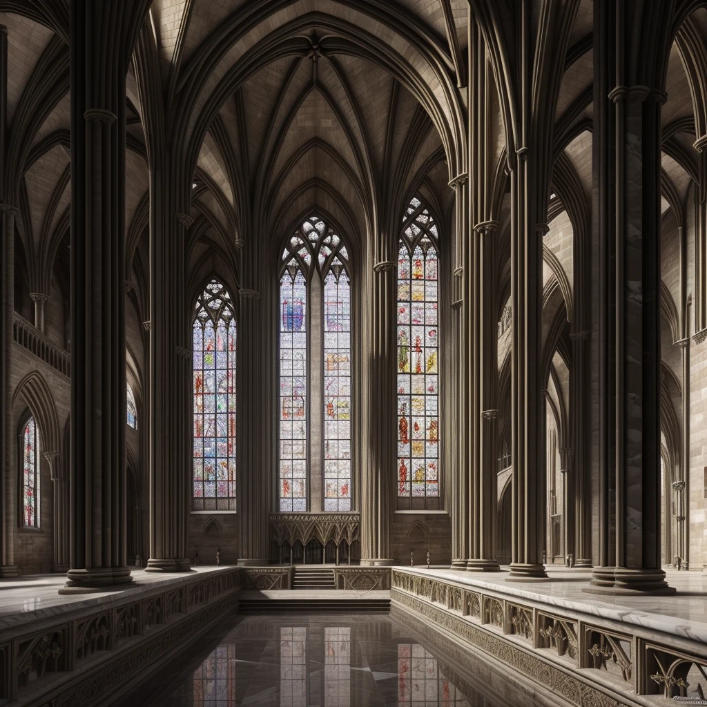 colossal gothic cathedral,ornate concentric architecture,stained glass windows,towering stone walls,pristine moat,white marble bridge,flying buttresses,intricate architectural details,dramatic lighting,warm color palette,photorealistic,8k,ultra-detailed,masterpiece,award winning art