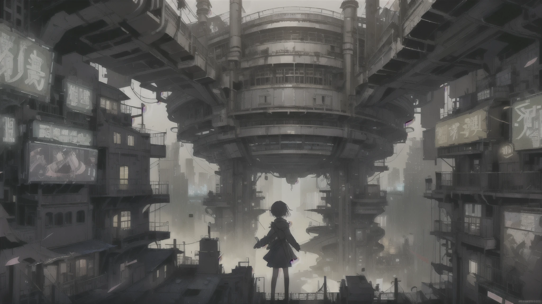 A ray of hope in a dystopian world、A young girl gets lost in a dark Chinese skyscraper、The back of a is reflected in the center of the screen.、Highly complex cityscape、A ruined world、Pull Configuration、industrial use、High-definition depiction、A city lined with electric wires、Create a story with four sheets