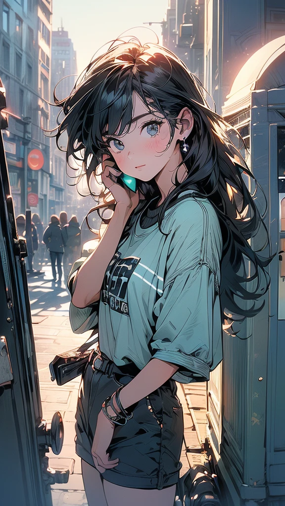 (((Fisheye Lens))), Very wide white background, Superior Quality, masterpiece, 32K, Written boundary depth, Intricate details, (((unmanned))), Very large margins, Lots of text, Company logo, space, Movie Posters,(((Mossy buildings))),Nostalgia, (((City of night))), Panorama, Long Shot, Backlight, (((Dull colors))),(((Only One Woman))), (((Perfect Face))), 14k, (((Highly detailed background))), (((Highest quality))),(((Cowboy Shot))), Ultra detailed hair, (((Faint lighting))),(((A wide variety of unique hairstyles))), Super Beauty, (((Ultra detailed face))), ((((Different angles)))), (((The wind is blowing))), (((Different hair colors))),(((Very fine and beautiful sparkling eyes)))(((Light on the face.))),(((Black Short Sleeve Sweatshirt)))R,(((mysterious))),(((Destroyed city))),short hair,((Submerged City)),(((Hold the smartphone to your ear)))、Perfect hands、Perfect Fingers、(((Telephone booth)))、完璧なTelephone booth、詳細なTelephone booth、、Magazine Cover、The perfect smartphone、Detailed smartphone