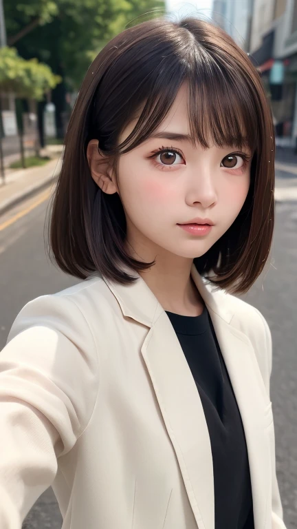One Girl,(1人のとてもcute女の子:1.3),masterpiece,Highest quality,High resolution,beautiful girl,(18-year-old:1.3),cute,Big eyes,(Detailed pupil:1.2),(The face is facing straight ahead:1.3),Body facing forward,Beautiful Nose,Fuller lips,Short black hair,short hair,Fine eyelashes,Thin eyebrows,Definition of very fine particles,(Symmetrical eyes:1.3),(Face close-up,Face Focus:1.0),High School Blazer,Student Style,Portraiture,Show Viewer,Cinema Lighting,High resolution,Very detailed、Headband、Open your mouth a little、Selfie、Put your hand on your chin