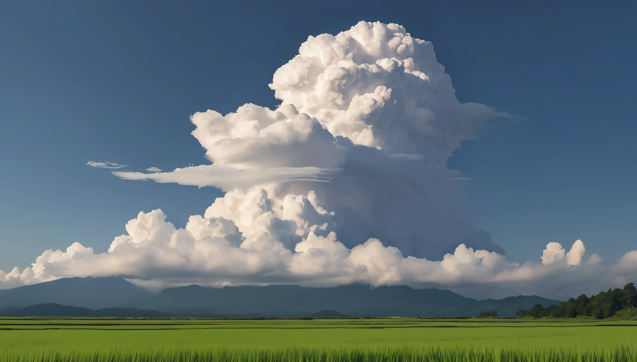 Japanese countryside,Paddy field,Azemichi,Midsummer,sunny,cumulonimbus,Daytime,Highest quality, 8k, High resolution, masterpiece:1.2, Very detailed, Realistic:1.37, High resolution, 超High resolution, Very detailed, Professional, Vibrant colors