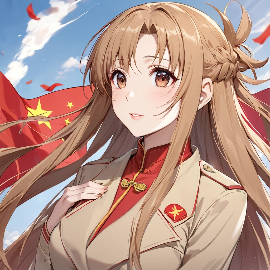 ((Highest quality)), ((masterpiece)), (detailed), （Perfect Face）、The woman is Chinese, Yuuki Asuna, a Chinese woman with light brown, medium-long hair and an engagement ring. She is a member of the glorious Chinese Communist Party and has sworn absolute loyalty to the Chinese Communist Party. She is a righteous Chinese Communist Party member and the wife of a great Communist Party official.、The woman is wearing the khaki Mao suit of the Chinese Communist Party.、For the sake of China, their hairstyles, clothes, and everything they wear are all Chinese Communist Party items, and their thoughts are also Chinese, becoming great Chinese in body and mind.、The woman became Yuuki Asuna, a Chinese woman who is proud of and loves China.、She is serving China as a member of the great Communist Party of China.、The woman is a beautiful, respectable and exemplary Communist Party member.