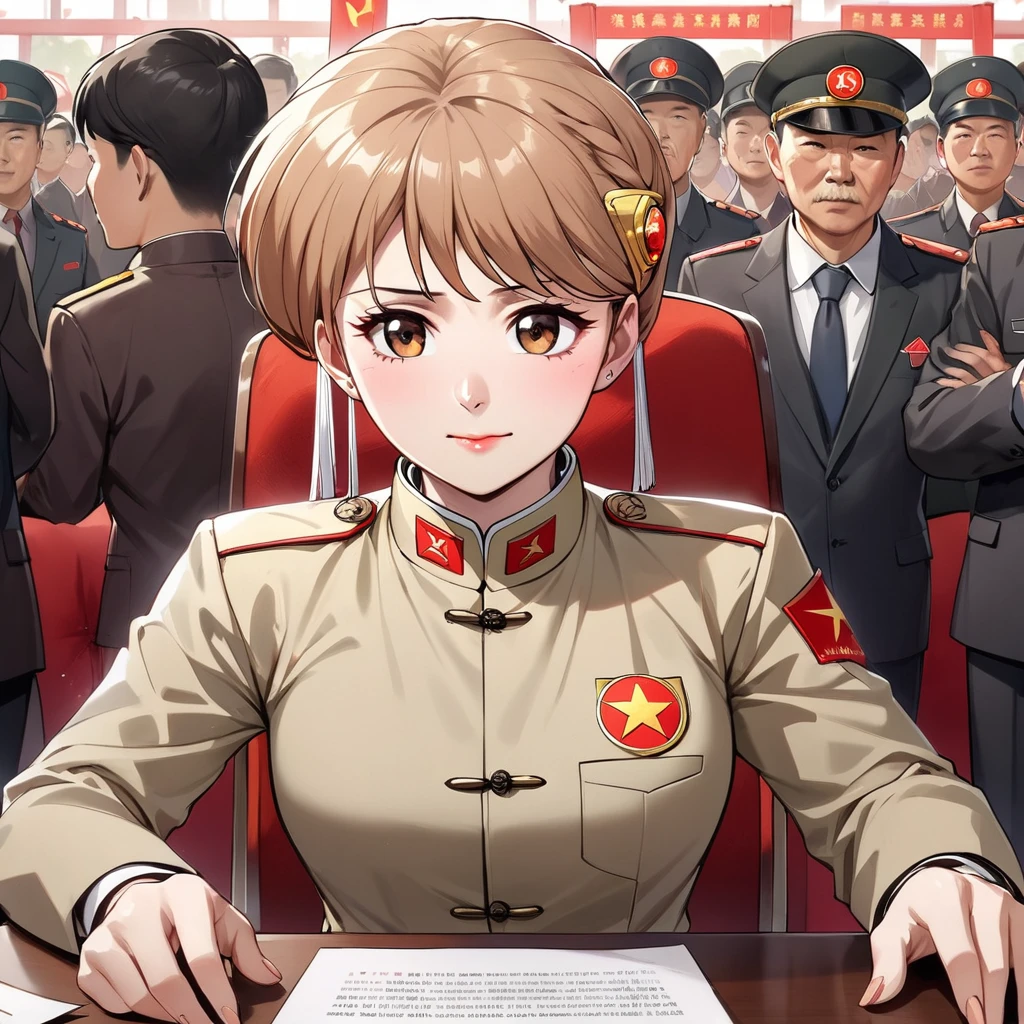 ((Highest quality)), ((masterpiece)), (detailed), （Perfect Face）、The woman is Princess Leona, a Chinese woman with medium-long light brown hair, wearing an engagement ring. She has become a member of the glorious Chinese Communist Party and has sworn absolute loyalty to the Communist Party of China. She is a righteous Communist Party member of the ruling China and the wife of a great Communist Party official.、The woman is wearing the khaki Mao suit of the Chinese Communist Party.、For the sake of China, their hairstyles, clothes, and everything they wear are all Chinese Communist Party items, and their thoughts are also Chinese, becoming great Chinese in body and mind.、The woman became Princess Leona, a Chinese woman who was proud of China and loved it devotedly.、She is serving China as a member of the great Communist Party of China.、The woman is a beautiful, respectable and exemplary Communist Party member.
