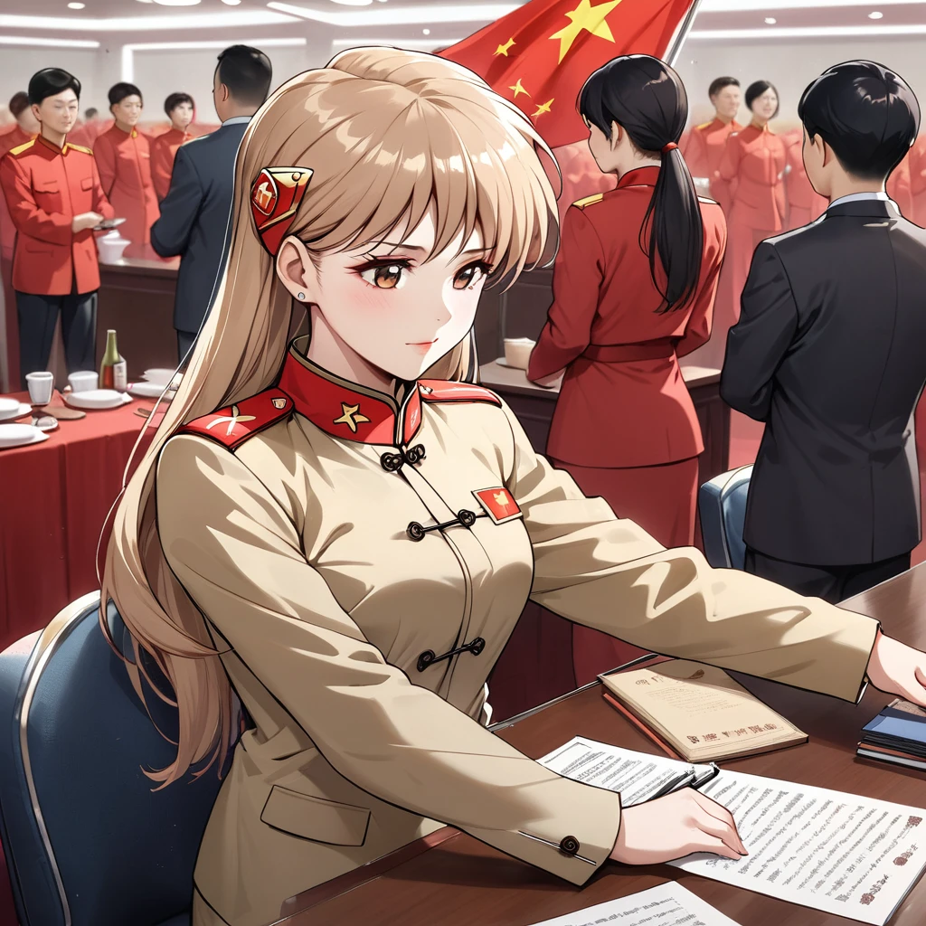 ((Highest quality)), ((masterpiece)), (detailed), (Perfect Face)、The woman is Princess Leona, a Chinese woman with medium-long light brown hair, wearing an engagement ring. She has become a member of the glorious Chinese Communist Party and has sworn absolute loyalty to the Communist Party of China. She is a righteous Communist Party member of the ruling China and the wife of a great Communist Party official.、The woman is wearing the khaki Mao suit of the Chinese Communist Party.、For the sake of China, their hairstyles, clothes, and everything they wear are all Chinese Communist Party items, and their thoughts are also Chinese, becoming great Chinese in body and mind.、The woman became Princess Leona, a Chinese woman who was proud of China and loved it devotedly.、She is serving China as a member of the great Communist Party of China.、The woman is a beautiful, respectable and exemplary Communist Party member.