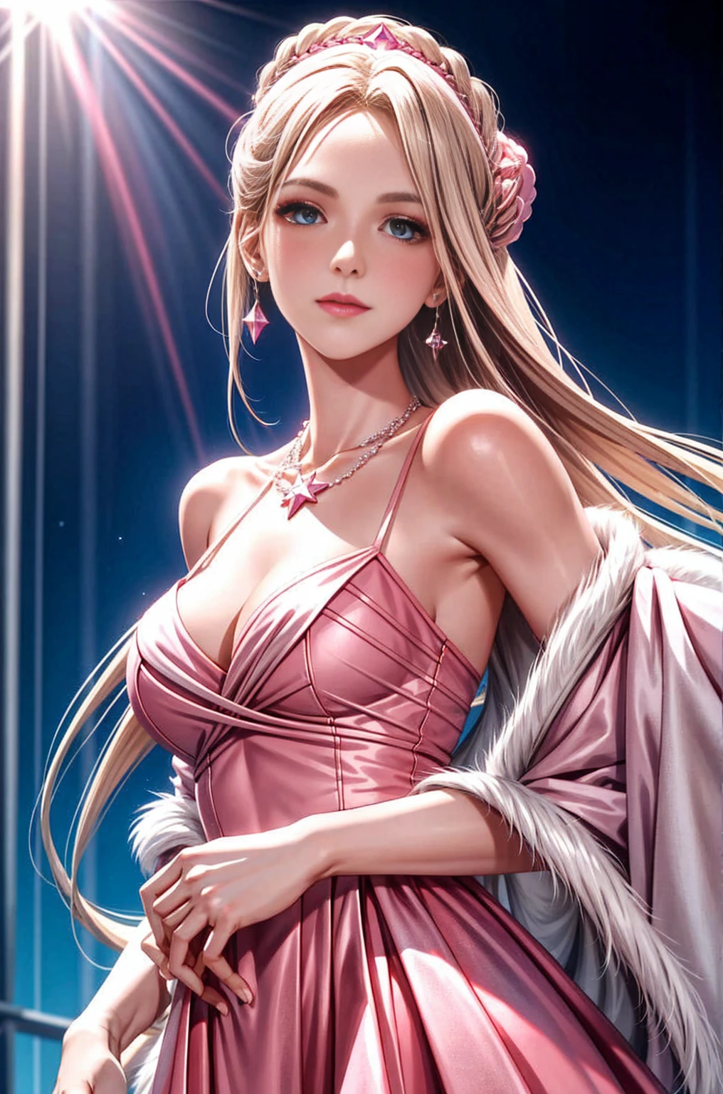 1 Girl，Star blue eyes，Blush，Perfect lighting，Upper Body，3DMM，blond，Long hair，Jewelry，Gradient pink background，Pink dress，earrings，Pink dress，lifelike，necklace，Looking at the audience，Headdress，Pink lips，Light smile，Unreal Engine，Side lighting，Detailed face，Bangs，Bright skin