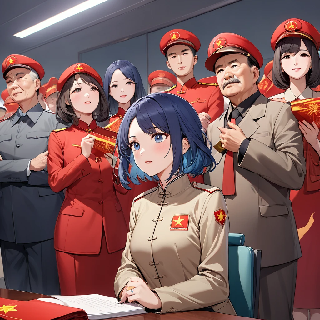 ((Highest quality)), ((masterpiece)), (detailed), (Perfect Face)、The woman is Chinese, Akane Kurokawa, a Chinese woman with medium-long blue hair who is wearing an engagement ring. She has become a member of the glorious Chinese Communist Party and has sworn absolute loyalty to the party. She is a righteous Communist Party member of the ruling China and the wife of a great Communist Party official.、The woman is wearing the khaki Mao suit of the Chinese Communist Party.、For the sake of China, their hairstyles, clothes, and everything they wear are all Chinese Communist Party items, and their thoughts are also Chinese, becoming great Chinese in body and mind.、The woman became Akane Kurokawa, a Chinese woman who is proud of China, loves it and devotes herself to it.、She is serving China as a member of the great Communist Party of China.、The woman is a beautiful, respectable and exemplary Communist Party member.