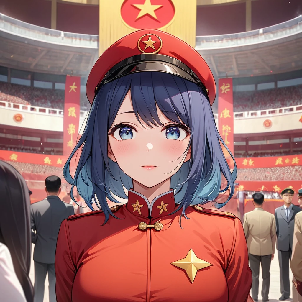((Highest quality)), ((masterpiece)), (detailed), (Perfect Face)、The woman is Chinese, Akane Kurokawa, a Chinese woman with medium-long blue hair who is wearing an engagement ring. She has become a member of the glorious Chinese Communist Party and has sworn absolute loyalty to the party. She is a righteous Communist Party member of the ruling China and the wife of a great Communist Party official.、The woman is wearing the khaki Mao suit of the Chinese Communist Party.、For the sake of China, their hairstyles, clothes, and everything they wear are all Chinese Communist Party items, and their thoughts are also Chinese, becoming great Chinese in body and mind.、The woman became Akane Kurokawa, a Chinese woman who is proud of China, loves it and devotes herself to it.、She is serving China as a member of the great Communist Party of China.、The woman is a beautiful, respectable and exemplary Communist Party member.