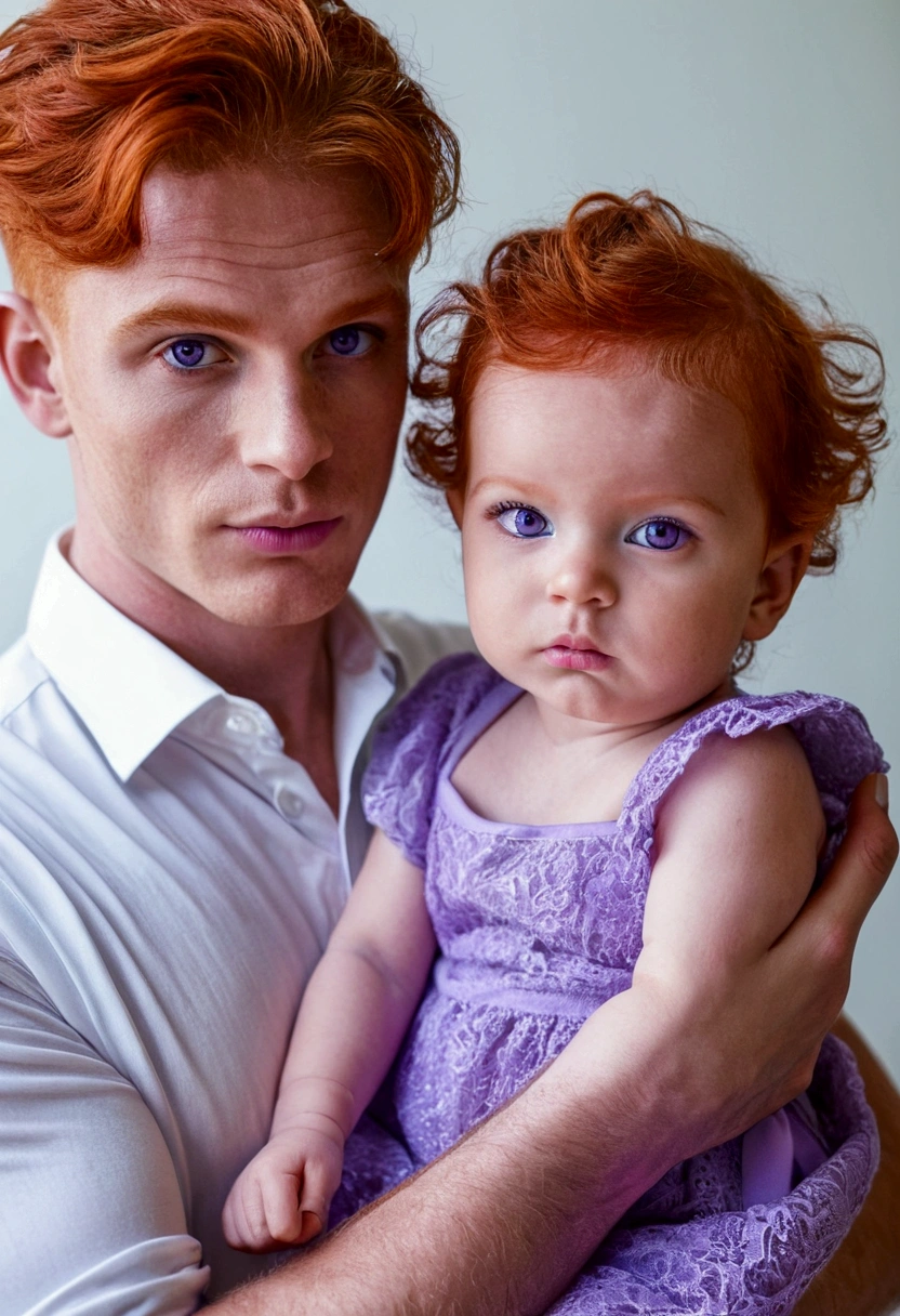 a beautiful young man with red hair intense violet purple eyes. With your daughter, a beautiful baby with purple violet eyes and red hair in your arms