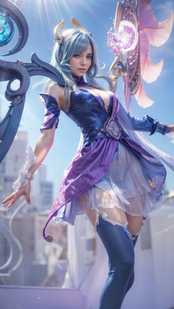 ((masterpiece、best quality))、shape、super detailed、8k、actual、sharp focus、Very detailed、professional lighting、spotlight、Colorful details、Detailed texture,A stunningly beautiful girl,Wearing a transparent cheongsam,(most suitable hairstyle:1.4)、(in the most helpful way:1.3)、(Half-length photo:1.4)、big breasts、perfect style、Body、18 years old, red lips, light blue hair, double horn