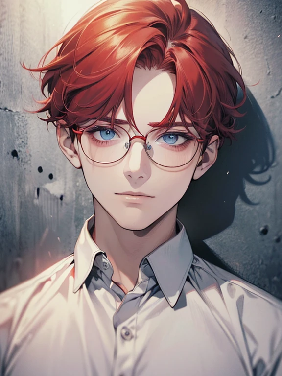 masterpiece, best quality, 1boy, gray red hair, blue eyes, glasses, white shirt, mugshot, wall background, detailed eyes, detailed facial features, realistic and high resolution (best quality, 4k, 8k, highres, masterpiece:1.2)