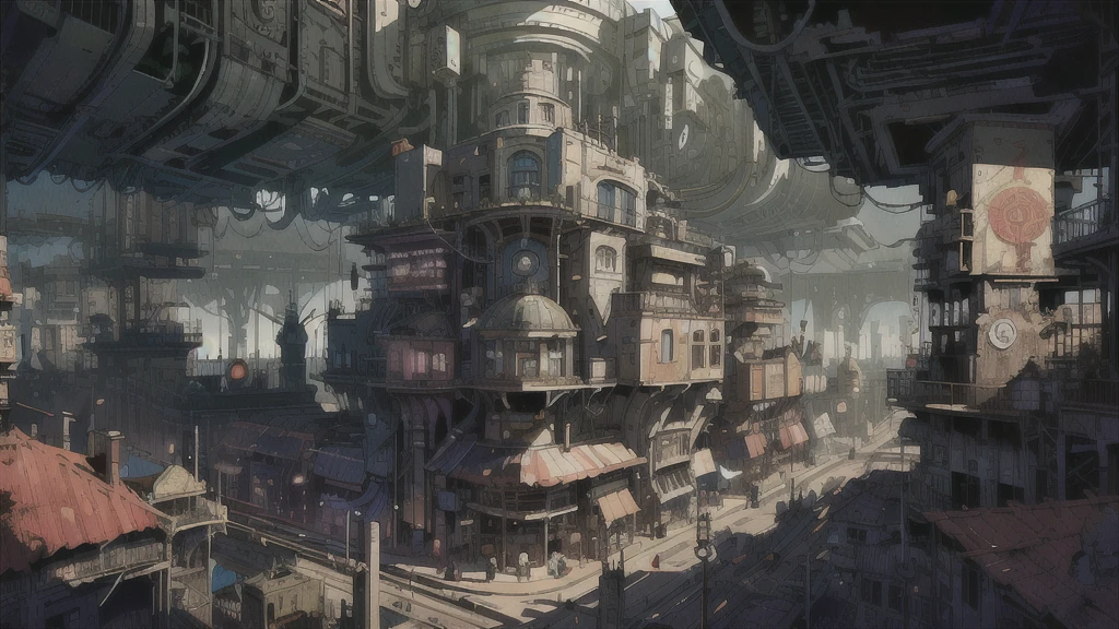 A ray of hope in a dystopian world、Highly complex cityscape、A ruined world、Pull Configuration、industrial use、High-definition depiction、A city lined with electric wires、Create a story with four sheets