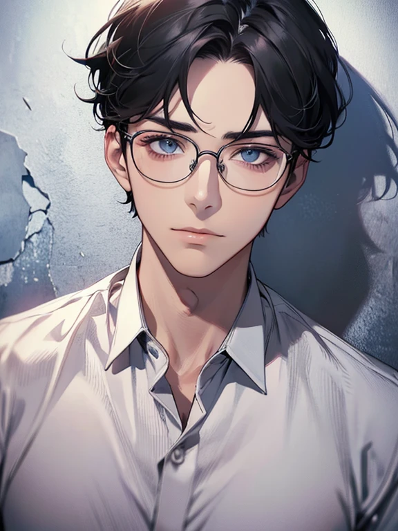 masterpiece, best quality, 1boy, gray black hair, blue eyes, glasses, white shirt, mugshot, wall background, detailed eyes, detailed facial features, realistic and high resolution (best quality, 4k, 8k, highres, masterpiece:1.2)