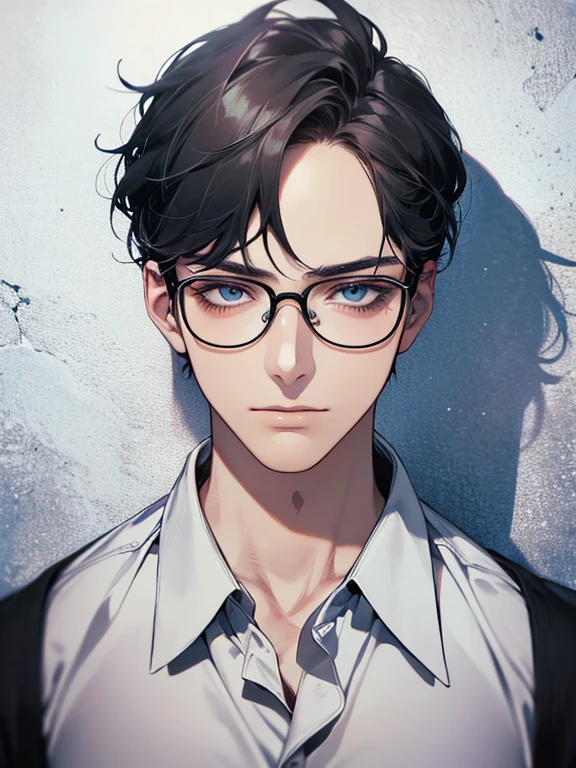 masterpiece, best quality, 1boy, gray black hair, blue eyes, glasses, white shirt, mugshot, wall background, detailed eyes, detailed facial features, realistic and high resolution (best quality, 4k, 8k, highres, masterpiece:1.2)