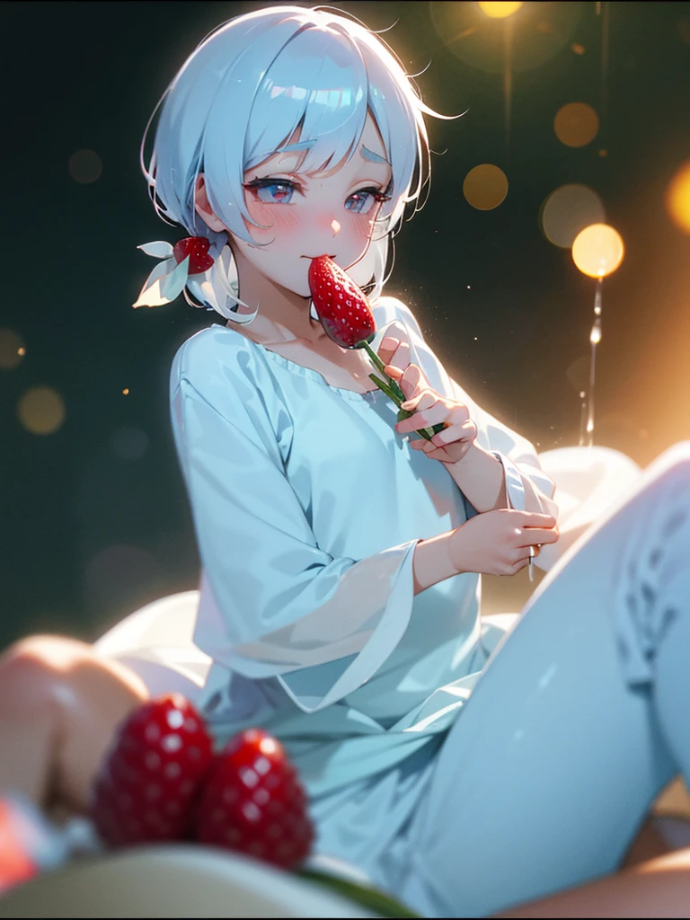 hyper realistic, ultra detailed, beautiful girl , silver short hair,tiny chest, blue eyes, teenage,summer, on the bed with tomatoes petals,from below