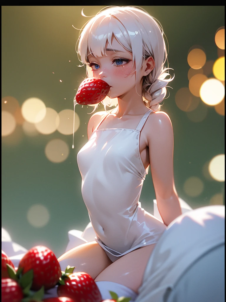 (Sumilux f1.4 50mm , low Latitude old color negative film , cross process , bokeh, flare, chromatic aberration , soft focus, (Shallow focus) , soft glow , Maximum aperture, low Key , Transparent depiction) , coquettish girl , showing off 2 small strawberrys , strawberry to mouth , Caressing the strawberries , Pour condensed milk , insert