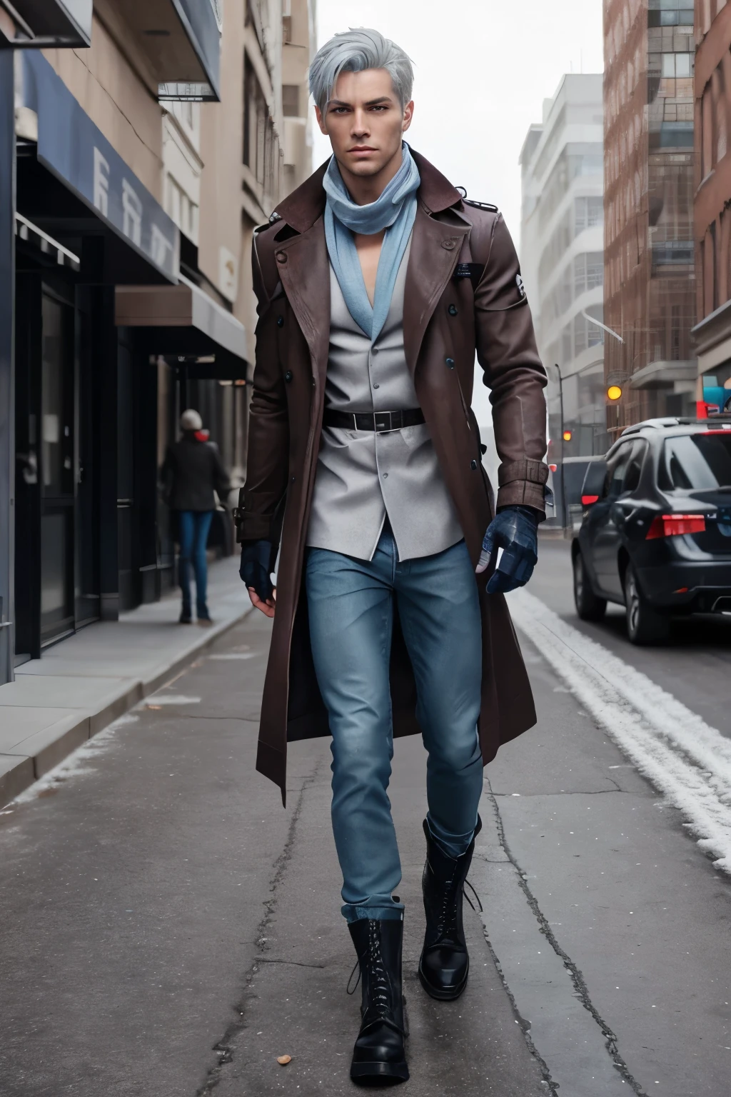Tall and lean with a toned physique.
Short, silver hair with a few strands falling over his forehead.
Heterochromatic eyes: one icy blue and the other deep crimson.
Often wears a long, dark trench coat over his casual clothing, with a scarf wrapped loosely around his neck.
A pair of fingerless gloves and combat boots complete his look.