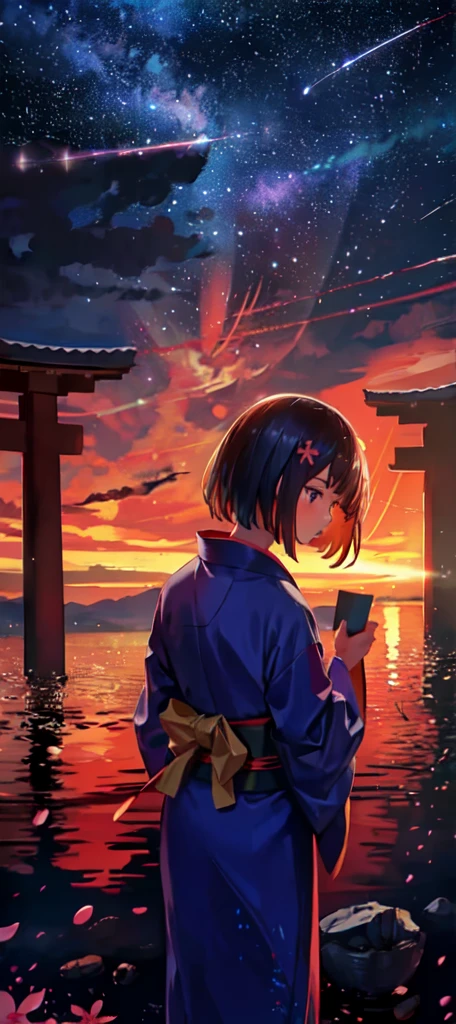 1girl, a distant girl in a kimono staring at the stars, (zoomed out: 1.1), (meteor shower: 1.2), (comet: 1.1), your name, low angle, from behind, northern lights, shooting stars, yukata, red kimono, cherry blossoms, Standing in the field, best quality, masterpiece, cloud, colorful, starry, stars,