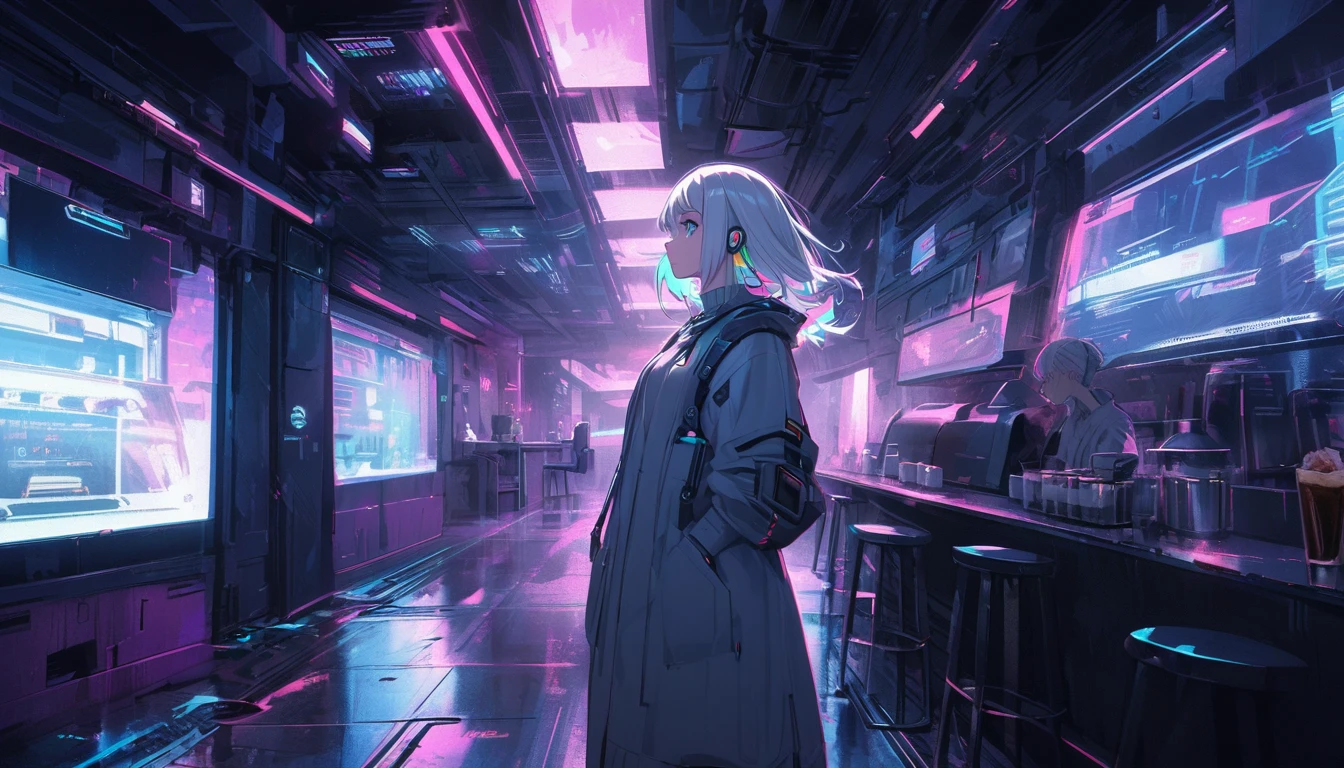 Handsome cute, Solitary, 1 female, Medium Length Hair, white hair, Rainbow hair, blue Eyes, Rainbow headphone, knit dress, Futuristic, Cyberpunk, Cybernetics panoramic, back ground lo-fi world, looking away, cafe time,