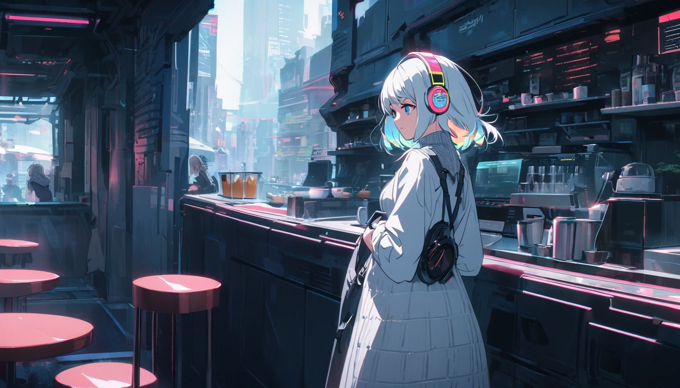 Handsome cute, Solitary, 1 female, Medium Length Hair, white hair, Rainbow hair, blue Eyes, Rainbow headphone, knit dress, Futuristic, Cyberpunk, Cybernetics panoramic, back ground lo-fi world, looking away, cafe time,
