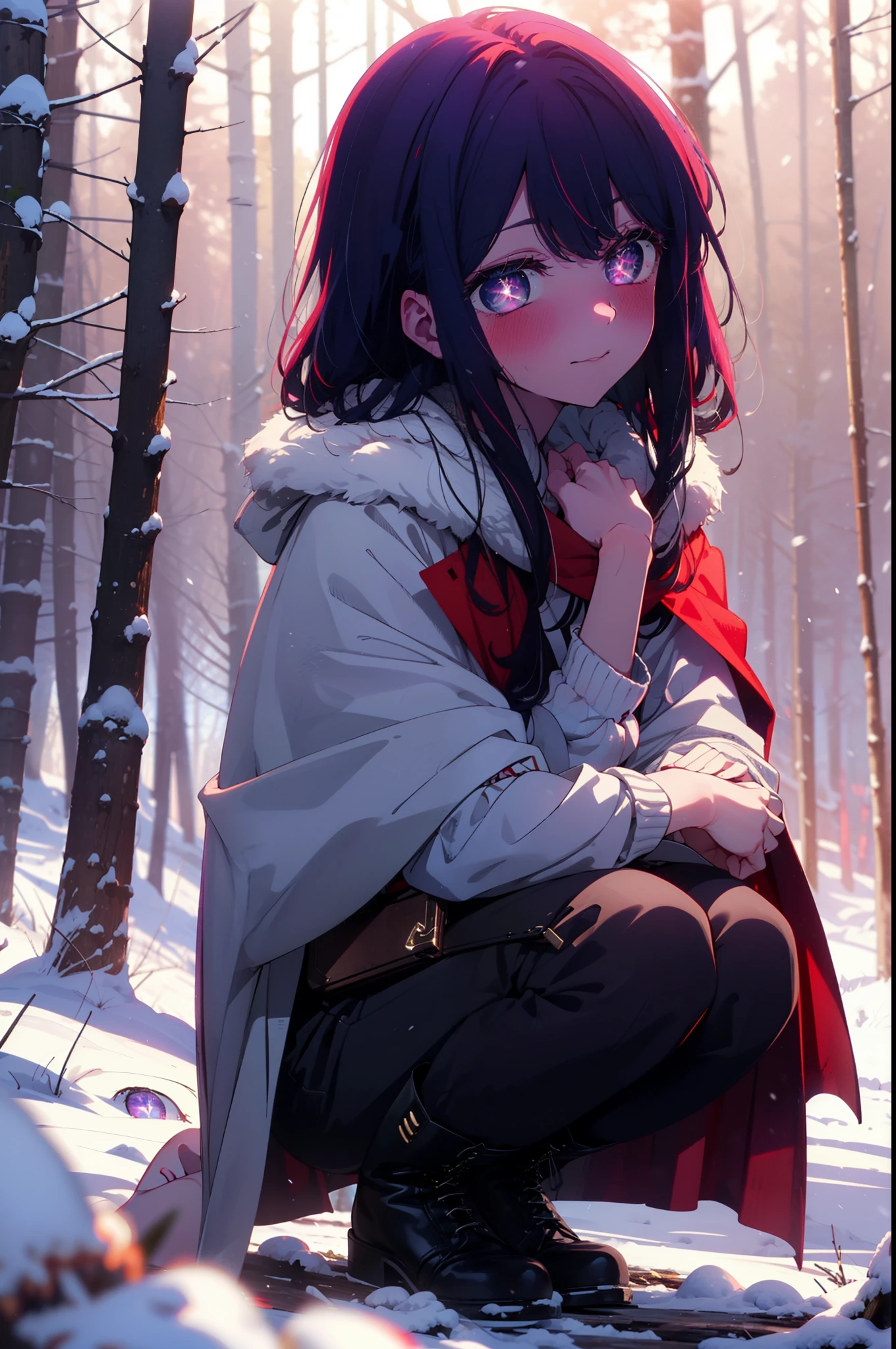 aihoshino, Ai Hoshino, Long Hair, bangs, (Purple eyes:1.1), Purple Hair, (Symbol-shaped pupil:1.5), smile,,smile,blush,white breath,
Open your mouth,snow,Ground bonfire, Outdoor, boots, snowing, From the side, wood, suitcase, Cape, Blurred, , forest, White handbag, nature, Squat, Mouth closed, Cape, winter, Written boundary depth, Black shoes, red Cape break looking at viewer, Upper Body, whole body, break Outdoor, forest, nature, break (masterpiece:1.2), Highest quality, High resolution, unity 8k wallpaper, (shape:0.8), (Beautiful and beautiful eyes:1.6), Highly detailed face, Perfect lighting, Highly detailed CG, (Perfect hands, Perfect Anatomy),