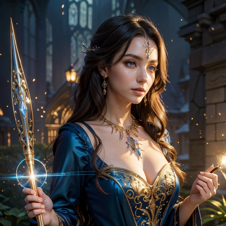 (​masterpiece, best quality:1.5), highest quality, High resolution, super detailed, Realists, Upper body photo of a brunette sorceress, detailed and beautiful eyes, beautiful detailed lips, very detailed eyes and face, longeyelashes, shiny satin dress, Holding a magic wand in your hand, Cast a transformation spell, Glowing wands available, Beautiful and colorful makeup, elegant and noble々The jewelry bag, Gardens as background, soft daylight, bright colors, fine brushstrokes, Portrait style, Silk dress fabric, beautiful color palette, glowing skin, First-class rendering, that captures every detail, enchanting atmosphere, subtle shadows and lights, (perfect anatomy:1.2), (The stunning sorceress performs a transformation spell. (a transformation with the magic wand:1.4), (magnificent panorama view:1.2)