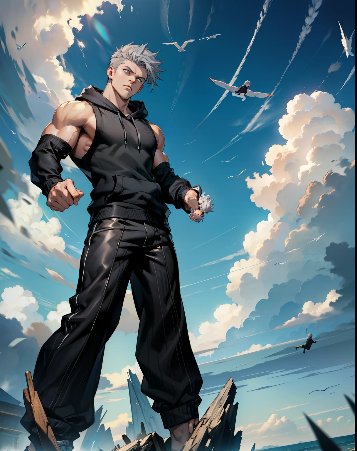 boys 26 Years old, Serious face, muscular, ((black sleeveless sweater, hoodie)), black pants, gray hair, floating on air, levitate on sky, blue sky, cloud