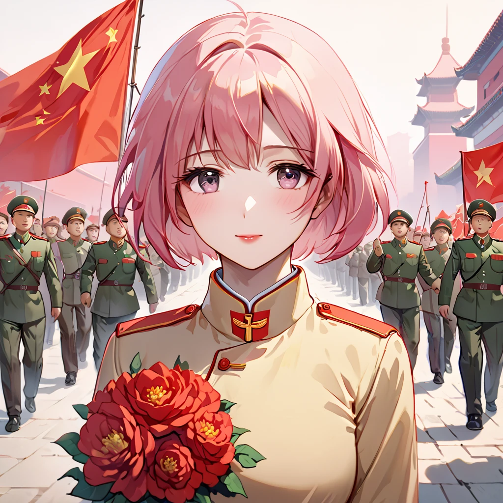 ((Highest quality)), ((masterpiece)), (detailed), （Perfect Face）、The woman is a Chinese woman named Lena with pink short bob hair and an engagement ring. She is a member of the glorious Chinese Communist Party and has sworn absolute loyalty to the Communist Party of China. She is a righteous Communist Party member of the ruling Communist Party of China and the wife of a great Communist Party official.、The woman is wearing the khaki Mao suit of the Chinese Communist Party.、For the sake of China, their hairstyles, clothes, and everything they wear are all Chinese Communist Party items, and their thoughts are also Chinese, becoming great Chinese in body and mind.、The woman became Lena, a Chinese woman who is proud of and loves China.、She is serving China as a member of the great Communist Party of China.、The woman is a beautiful, respectable and exemplary Communist Party member.