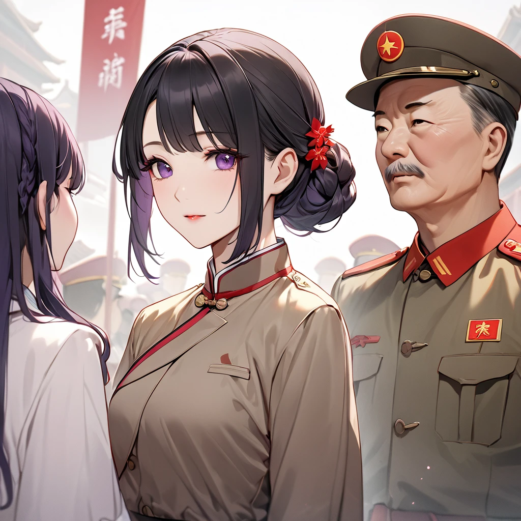 ((Highest quality)), ((masterpiece)), (detailed), （Perfect Face）、The woman is a Chinese woman named Kocho Shinobu, with black hair in a purple gradient bob with evening hair updos, and is wearing an engagement ring. She has become a member of the glorious Chinese Communist Party and has sworn absolute loyalty to the party. She is a righteous Communist Party member of the ruling China and the wife of a great Communist Party official.、The woman is wearing the khaki Mao suit of the Chinese Communist Party.、For the sake of China, their hairstyles, clothes, and everything they wear are all Chinese Communist Party items, and their thoughts are also Chinese, becoming great Chinese in body and mind.、The woman became Shinobu Kocho, a Chinese woman who was proud of China, loved it and devoted herself to it.、She is serving China as a member of the great Communist Party of China.、The woman is a beautiful, respectable and exemplary Communist Party member.
