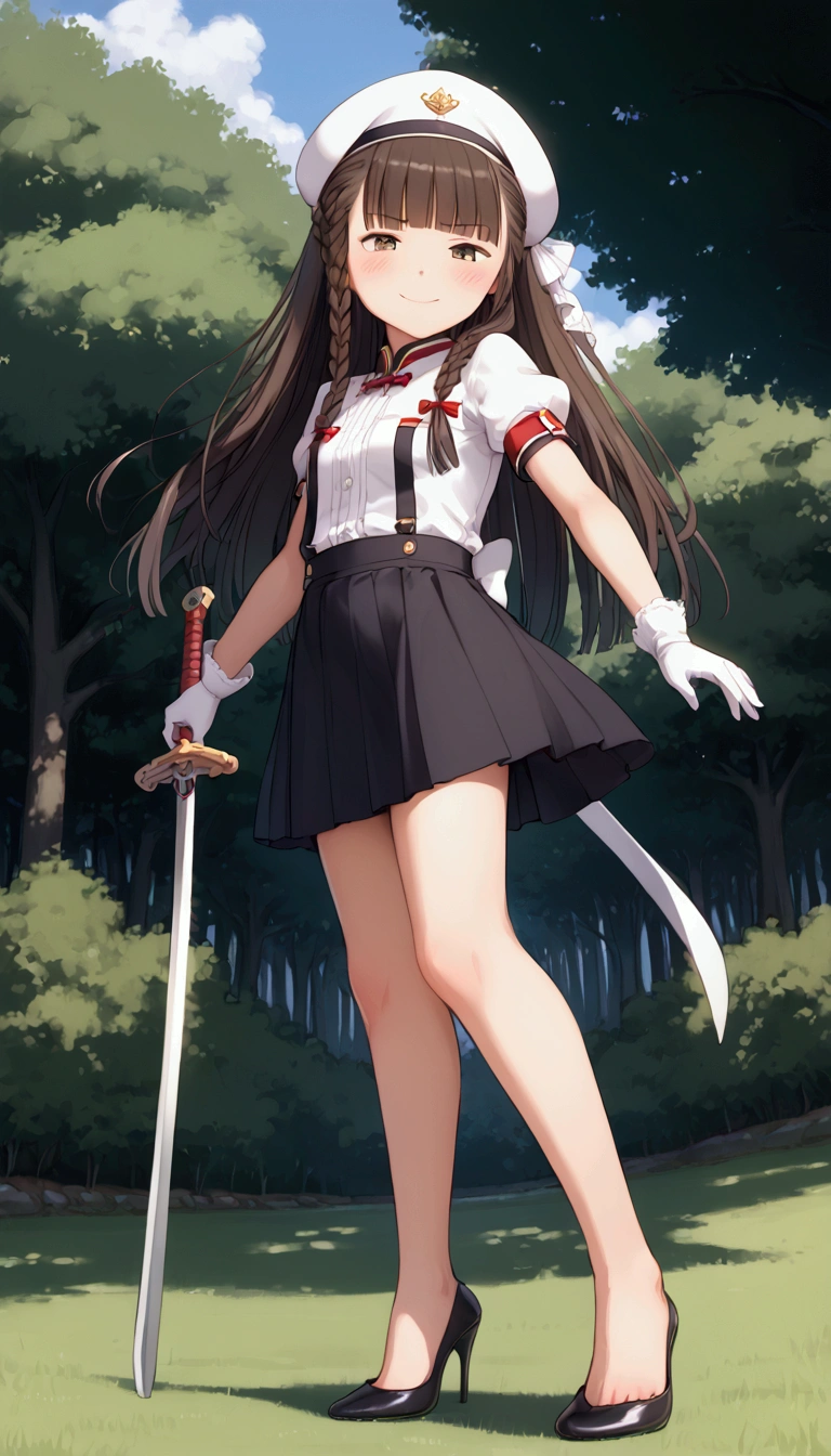 {Highest quality}, {Super beautiful},{Ultra fine},{Best illustration},Brown Hair,Hime cut,long hair,Braid,One woman,Standing Woman,Strike a pose,smug face,Uniform cap,White Shirt,Short sleeve,Long black skirt,White gloves,at the park,Blushing,Slender,Black stiletto heels,barefoot,From an angle,from the front,Holding a Japanese sword,pull out,Point the sword
