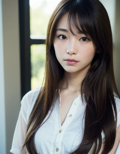 best quality, Face Focus, Soft Light, Ultra-high resolution, (Reality:1.4), RAW photos,
1japanese girl, Solitary, Lovely, (pupil, Light in Eyes), Detailed beautiful face, (Small chest),(High-resolution details of human skin texture),
(Long hair),
indoor,
Brocade shirt dress,
(portrait)