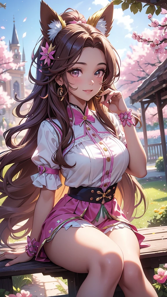 (best quality,4k,8k,highres,masterpiece:1.2),ultra-detailed,(realistic,photorealistic,photo-realistic:1.37),acrylic painting,beautiful Brazilian model in a uniform outfit with downy hair,beautiful Brazilian model with extremely colorful brown hair and detailed facial features,beautiful Brazilian model standing in a beautiful garden surrounded by a starry sky,brown hair,beautiful Brazilian model wearing a vibrant pink and teal uniform outfit,beautiful Brazilian model with intricate accessories,cat ears, ,beautiful Brazilian model with long flowing twintails,beautiful Brazilian model with bright brown eyes and rosy lips,beautiful Brazilian model with a joyful expression,beautiful Brazilian model in a dynamic pose with cherry blossoms falling around her,beautiful Brazilian model surrounded by colorful flowers and butterflies,beautiful Brazilian model's school uniform outfit adorned with cute bows and lace details,beautiful Brazilian model with an enchanting smile,beautiful Brazilian model with soft, pastel-colored shading,beautiful Brazilian model with a magical glow illuminating her,beautiful Brazilian model in a picturesque setting with a winding path leading to a magnificent castle,beautiful Brazilian model with a fairytale-like background,beautiful Brazilian model with a soft, dreamy atmosphere,beautiful Brazilian model with a subtle bokeh effect,beautiful Brazilian model standing under a sunny sky,beautiful Brazilian model with a warm, golden sunset in the background,beautiful Brazilian model surrounded by twinkling stars and colorful nebulae,creating an ethereal and captivating artistic masterpiece, sitting down, facing camera.