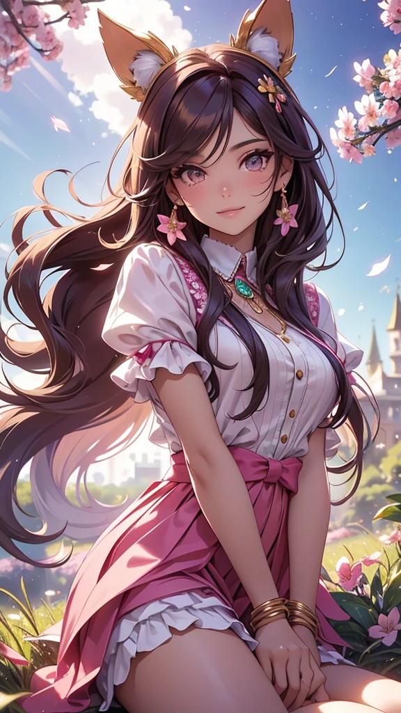 (best quality,4k,8k,highres,masterpiece:1.2),ultra-detailed,(realistic,photorealistic,photo-realistic:1.37),acrylic painting,beautiful Brazilian model in a uniform outfit with downy hair,beautiful Brazilian model with extremely colorful brown hair and detailed facial features,beautiful Brazilian model standing in a beautiful garden surrounded by a starry sky,brown hair,beautiful Brazilian model wearing a vibrant pink and teal uniform outfit,beautiful Brazilian model with intricate accessories,cat ears, ,beautiful Brazilian model with long flowing twintails,beautiful Brazilian model with bright brown eyes and rosy lips,beautiful Brazilian model with a joyful expression,beautiful Brazilian model in a dynamic pose with cherry blossoms falling around her,beautiful Brazilian model surrounded by colorful flowers and butterflies,beautiful Brazilian model's school uniform outfit adorned with cute bows and lace details,beautiful Brazilian model with an enchanting smile,beautiful Brazilian model with soft, pastel-colored shading,beautiful Brazilian model with a magical glow illuminating her,beautiful Brazilian model in a picturesque setting with a winding path leading to a magnificent castle,beautiful Brazilian model with a fairytale-like background,beautiful Brazilian model with a soft, dreamy atmosphere,beautiful Brazilian model with a subtle bokeh effect,beautiful Brazilian model standing under a sunny sky,beautiful Brazilian model with a warm, golden sunset in the background,beautiful Brazilian model surrounded by twinkling stars and colorful nebulae,creating an ethereal and captivating artistic masterpiece, sitting down, facing camera.