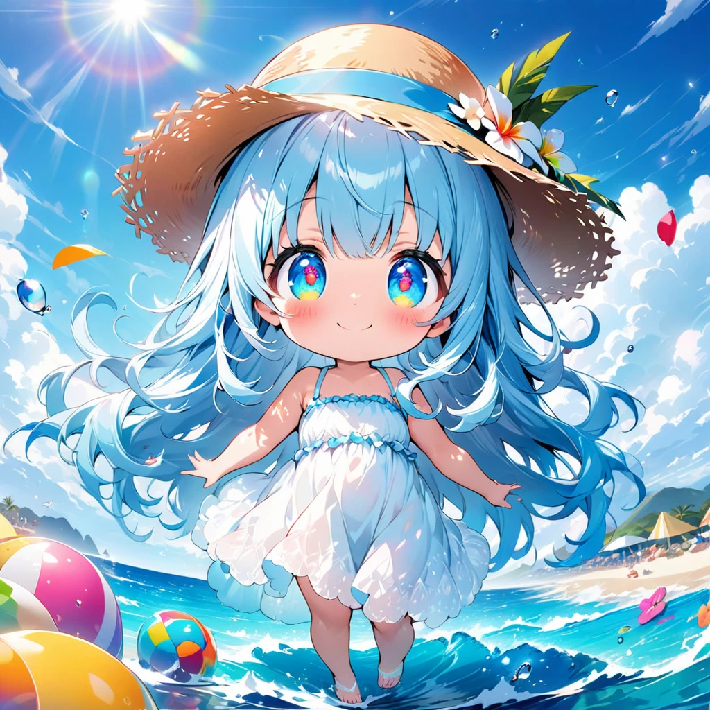 masterpiece, best quality, extremely detailed, (illustration, official art:1.1), 1 girl ,(((( light blue long hair)))), ,(((( light blue long hair)))),light blue hair, , long hair ((blush)) , cute face, big eyes, masterpiece, best quality,(((((a very delicate and beautiful girl))))),Amazing,beautiful detailed eyes,blunt bangs((((little delicate girl)))),tareme(true beautiful:1.2), sense of depth,dynamic angle,,,, affectionate smile, (true beautiful:1.2),,(tiny 1girl model:1.2),)(flat chest), masterpiece, best quality, 4k、((high color saturation)), 2D illustration、one beautiful girl、solo、、((vivid colors))、cute chibi、lovely chibi、((white summer dress))、((straw hat))、((colorful))、long beautiful hair, hair between eyes, cute、beautifully detailed eyes、((happy smile))、summer beach、((full body shot))、((calm sea))、((lots of colorful stuff around))、((blue sky))、sunbeam、((lens flare))、