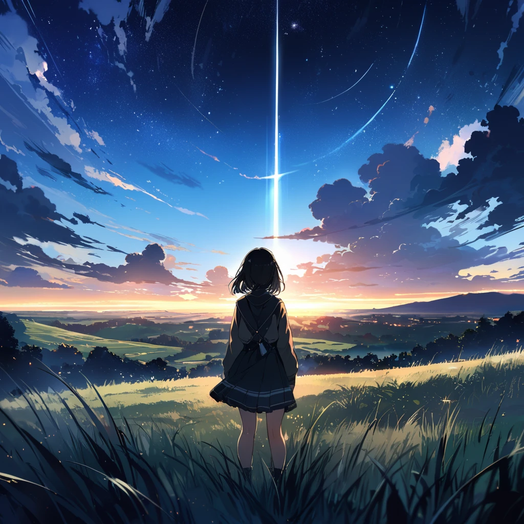 (((masterpiece))),(((Highest quality))),((Very detailed)),Rear View, Gaze at the sun, 空にはuniverse船がある, three suns, Black Hair Girl, 12-year-old girl, (Stand 20 meters apart),Standing in the grassland, landscape, universe, 8k, Super Detail,The whole scene is shining'S、illumination、Particles of light,