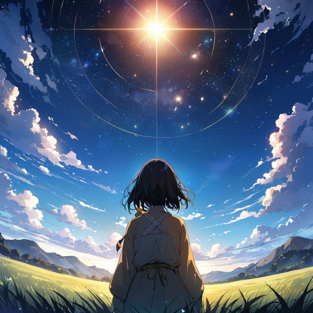 (((masterpiece))),(((Highest quality))),((Very detailed)),Rear View, Gaze at the sun, 空にはuniverse船がある, three suns, Black Hair Girl, -yeld gi (Stand 20 meters apart),Standing in the grassland, landscape, universe, 8k, Super Detail,The whole scene is shining'S、illumination、Particles of light,
