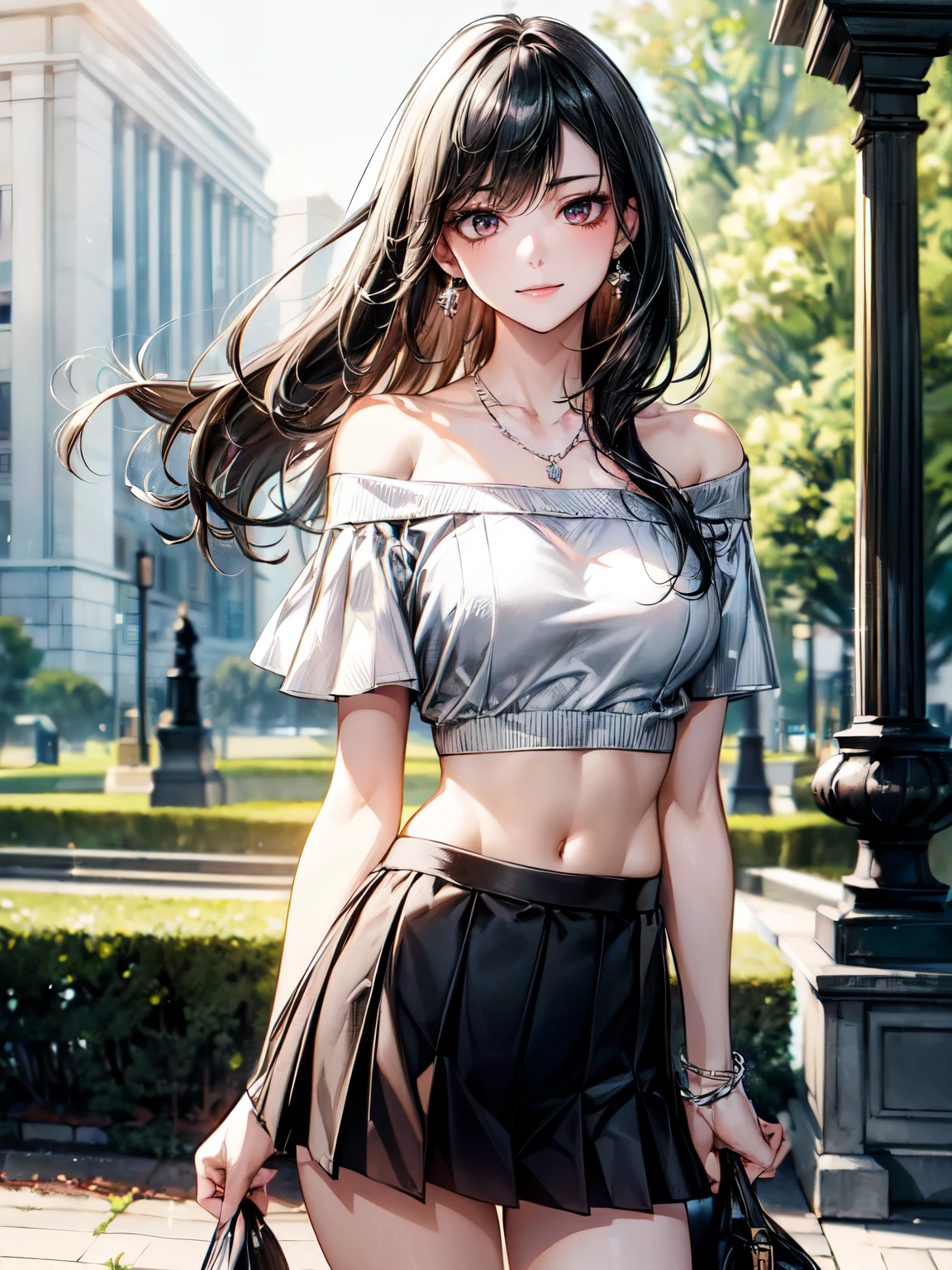 8K, (masterpiece, best quality:1.3), ((bokeh)), (short focus lens:1.4), anime style, Japanese, 1 lady, medium shot, (face light), cinematic lighting, sharp focus, (Left to Right Balance), beautiful eyes, (Perfect Hands,Perfect Fingers,Perfect Limbs,Perfect Body,Correct Human Body,Perfect Image Realism,Perfect Anatomy), (shiny skin, detailed skin),

 (black hair:1.2), long straight black hair:1.3, gray eyes, 

(white off-shoulder knit top, short sleeve knit top, cropped knit top, bare belly button, detailed texture, fitted, casual attire, pleated mini skirt), (Silver chain necklace with small charm, simple silver earrings, silver bracelet), 

(small breast), beautiful body, model body type, random porn pose, teacher, serious and vigilant, 

(lovely smile), 

face light, cinematic lighting, sharp focus,

(beautiful scenery), Expansive university campus, massive auditorium building, wide front plaza, students walking, lush green lawns, trees, academic atmosphere, architectural photography, wide-angle shot, detailed exterior, sunny day, , very wide, panorama view, sense of depth, magnificent view, 