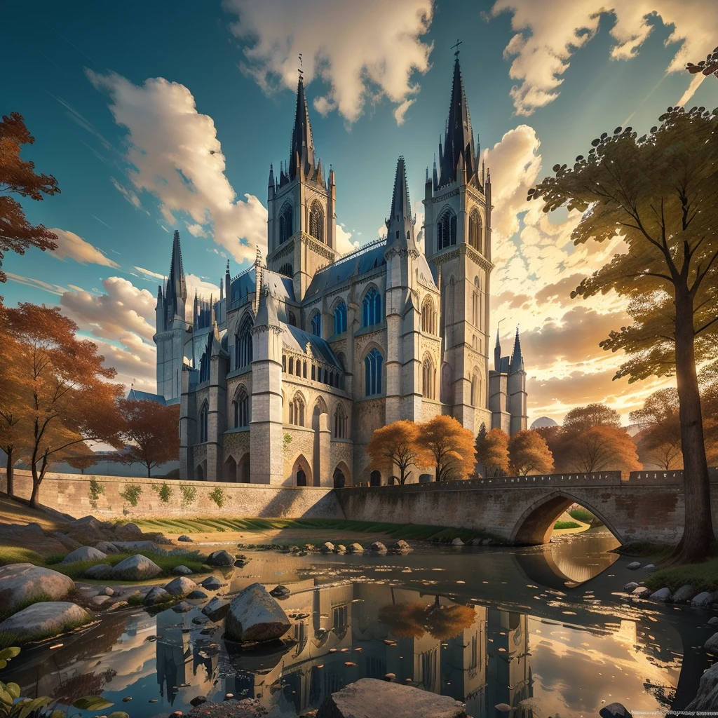 colossal gothic cathedral,ornate concentric architecture,stained glass windows,towering stone walls,pristine moat,white marble bridge,flying buttresses,intricate architectural details,dramatic lighting,warm color palette,photorealistic,8k,ultra-detailed,masterpiece,award winning art