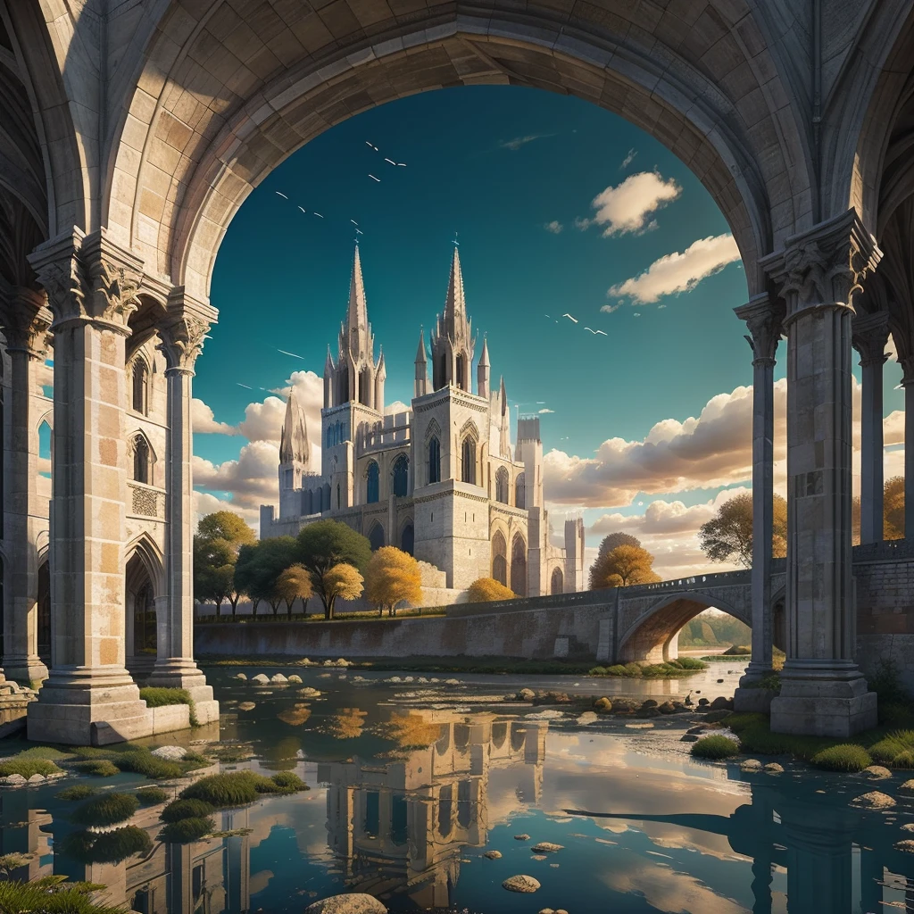 colossal gothic cathedral,ornate concentric architecture,stained glass windows,towering stone walls,pristine moat,white marble bridge,flying buttresses,intricate architectural details,dramatic lighting,warm color palette,photorealistic,8k,ultra-detailed,masterpiece,award winning art