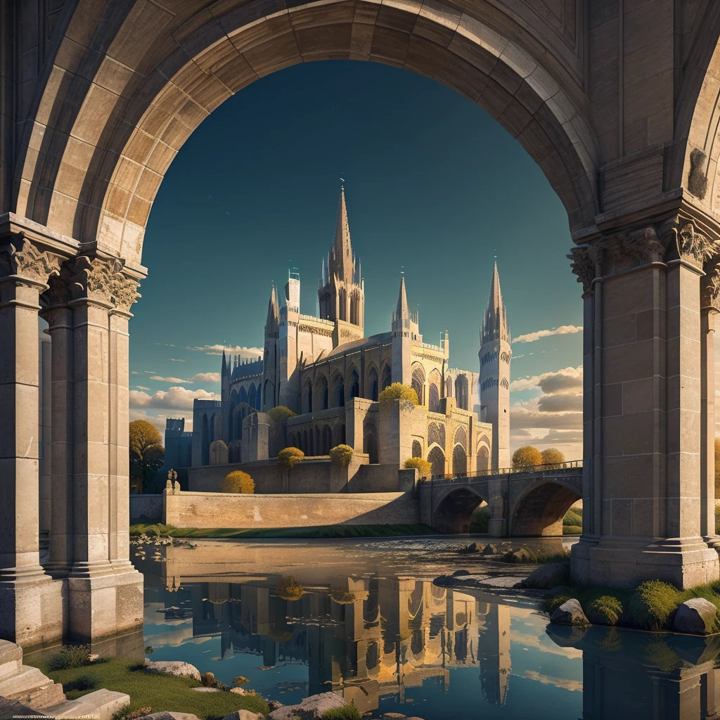 colossal gothic cathedral,ornate concentric architecture,stained glass windows,towering stone walls,pristine moat,white marble bridge,flying buttresses,intricate architectural details,dramatic lighting,warm color palette,photorealistic,8k,ultra-detailed,masterpiece,award winning art