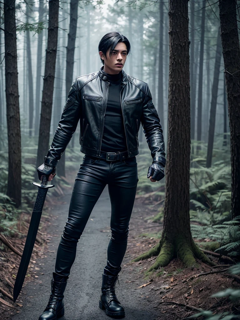 A muscular young man with black hair, wearing a black leather jacket, blue jeans, black motorcycle gloves, a black belt, and black combat boots, is standing in a forest. In his right hand, he holds a black sword engulfed in flames, and in his left hand, he holds a shield made of blue ice. Anime.
