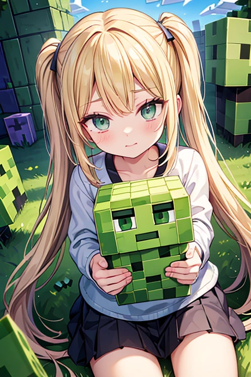 A blonde girl with twin tails and bare forehead being attacked by a Minecraft creeper　Minecraft World