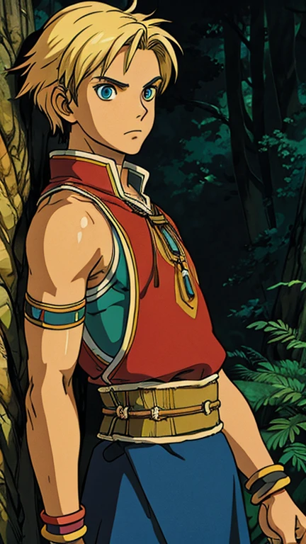 (1man, Hugo (Suikoden III)), (extremely detailed CG unit 8k wallpaper),(master part), (best quality), (ultra detail), (best illustration),(ghibli style), cowboy shot, (Sharp eyeliner, ombre, detailed eyes:1), dark forest background, ,break , (GHIBLI_Background), upper body, solo, blonde hair, streaked hair, brown skin, bare arms, native american clothes, bare arms, wristbands,