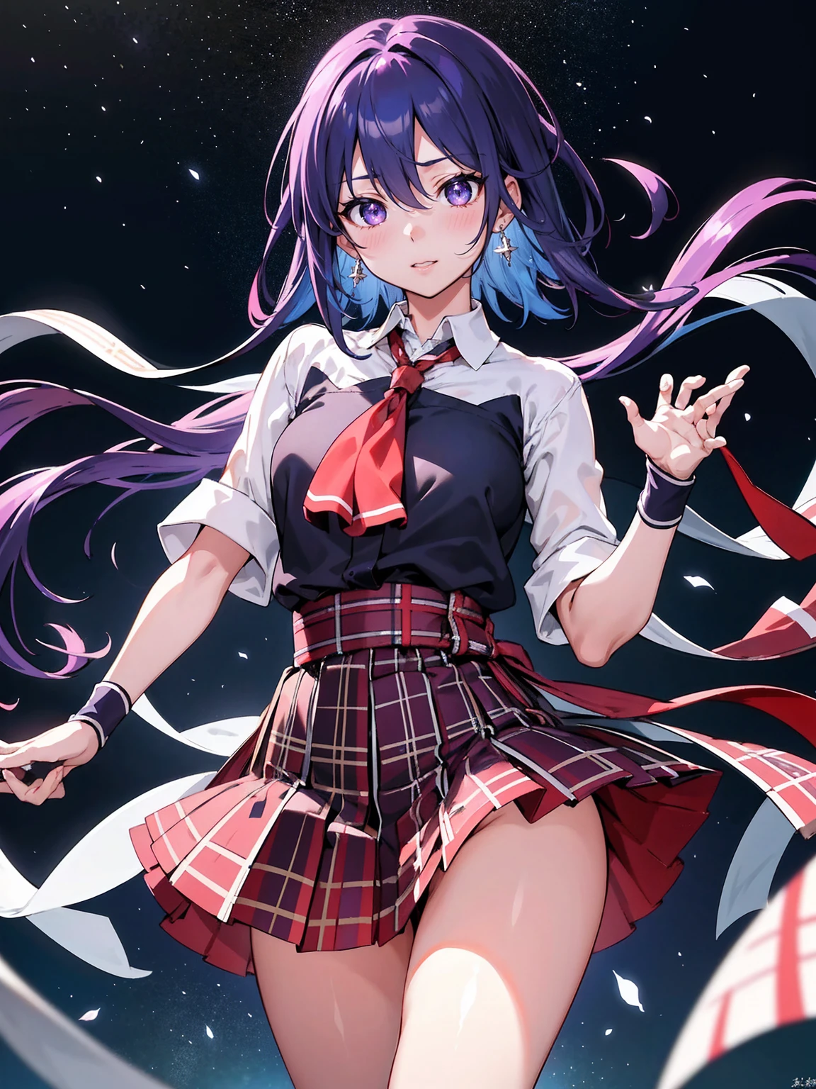 A balance of beauty and disturbing complexity..(Highest quality、High definition、masterpiece:1.2、)、Awareness-raising、night、1peopleの少女、(cardigan、cardiganウエストラップ、Waist wrap、Loose tie、cardigan、Plaid、Plaidスカート、Pleated skirt、school uniform、Skirt、Rolled up my sleeves、Wristband)、Waiting for a kiss、Looking at the audience、happiness、Toru Asakura、Blue Hair、Earrings、Gradient Hair、Multi-colored hair、Parted bangs、Purple Hair、Upper body、Extremely close-up footage、High resolution、超High resolution、8k、Glowing Eyes, Starry Sky、Sparkling Eyes,Happy、Shortcuts,Sparkling Eyes,Happy,Reaching out ,forward hand,Floating Hair, Shiny Hair,Outdoor, Wind,Sparkling Eyes,Happy,Sexy Body,(Perfect Anatomy:1.2),((Perfect hands:1.2)),people々focus on。people物の最も輝く構図をリアルに表現する。((masterpiece))、(((Highest quality)))、((Ultra-detailed))、(Surreal)、(highly detailed CGAwareness-raisingn)、(Very delicate and beautiful)、少女はmasterpiece、Highest quality、Realistic texture、Realistic Fabric、We will introduce a realist Awareness-raisingn focusing on the center front of girls with realistic and ultra-detailed eyes.。This is an absolute rule, And the next sentence describes the quality of the image:。 people類史上最も偉大な画家が比類のない美と出会う、犬喰いちご史上最高masterpieceです, The most beautiful portrait of her life.。 Create amazing anime artworks that are currently trending with seaStation、Showcasing exquisite beauty and captivating aesthetics。,Auspicious々lips、艶やかでセクシーなlips, Shoot from the side