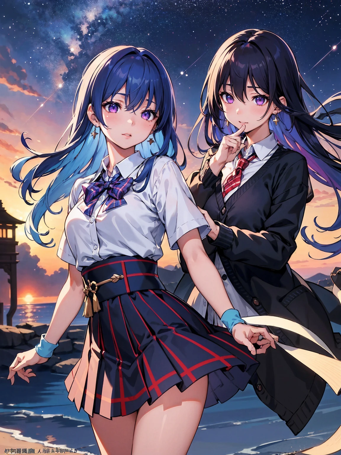 A balance of beauty and disturbing complexity..(Highest quality、High definition、masterpiece:1.2、)、Awareness-raising、night、1peopleの少女、(cardigan、cardiganウエストラップ、Waist wrap、Loose tie、cardigan、Plaid、Plaidスカート、Pleated skirt、school uniform、Skirt、Rolled up my sleeves、Wristband)、Waiting for a kiss、Looking at the audience、happiness、Toru Asakura、Blue Hair、Earrings、Gradient Hair、Multi-colored hair、Parted bangs、Purple Hair、Upper body、Extremely close-up footage、High resolution、超High resolution、8k、Glowing Eyes, Starry Sky、Sparkling Eyes,Happy、Shortcuts,Sparkling Eyes,Happy,Reaching out ,forward hand,Floating Hair, Shiny Hair,Outdoor, Wind,Sparkling Eyes,Happy,Sexy Body,(Perfect Anatomy:1.2),((Perfect hands:1.2)),people々focus on。people物の最も輝く構図をリアルに表現する。((masterpiece))、(((Highest quality)))、((Ultra-detailed))、(Surreal)、(highly detailed CGAwareness-raisingn)、(Very delicate and beautiful)、少女はmasterpiece、Highest quality、Realistic texture、Realistic Fabric、We will introduce a realist Awareness-raisingn focusing on the center front of girls with realistic and ultra-detailed eyes.。This is an absolute rule, And the next sentence describes the quality of the image:。 people類史上最も偉大な画家が比類のない美と出会う、犬喰いちご史上最高masterpieceです, The most beautiful portrait of her life.。 Create amazing anime artworks that are currently trending with seaStation、Showcasing exquisite beauty and captivating aesthetics。,Auspicious々lips、艶やかでセクシーなlips, Shoot from the side