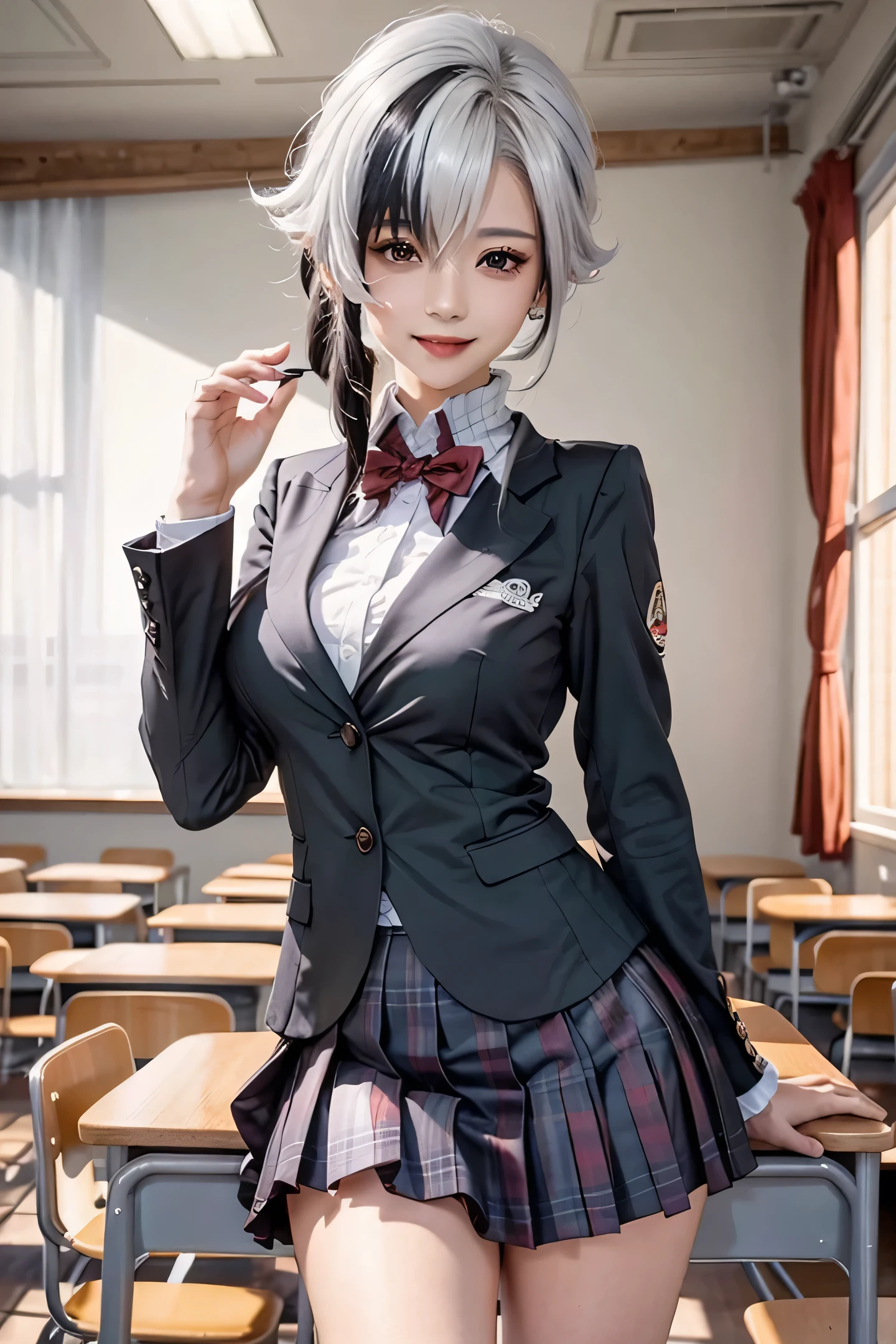 1girl, arlecchino \(genshin impact\), school uniform, blazer, collared shirt, bowtie, checkered skirt, light smile, classroom, indoors, cowboy shot, depth of field
