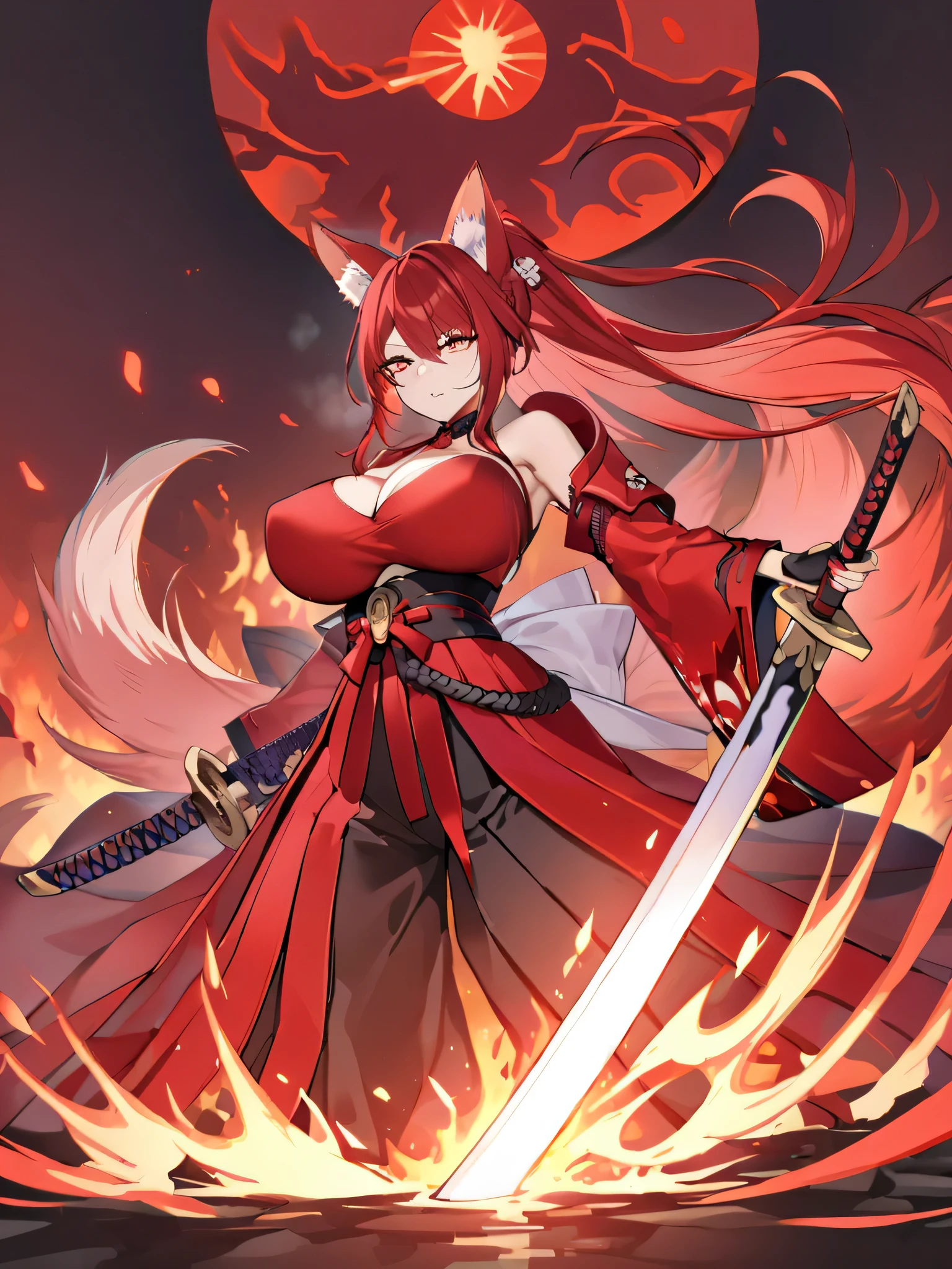  8K Best quality Best work Red long ponytail Red fox ears Nine fox tails Very large breasts Flaming Japanese sword Red jacket Long hakama Red eyeshadow on lower eyelids Red burning background Japanese style Samurai Burning hell  