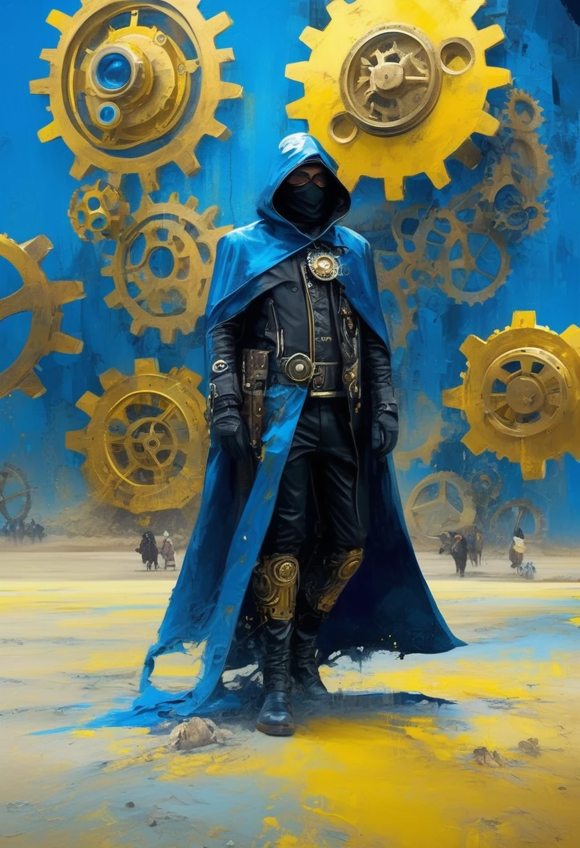 Man in black cape and steampunk costumes in the desert, blue and yellow art, steampunk and hooded mask, gears, 4D high relief texture painting, 8k, futuristic vintage, full body view, photorealism, abstract impressionism, arte por Jeremy Mann