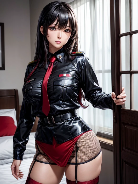 Photorealistic, high resolution, A Japanese Police woman named Kimmi, solo, heavy makeup, Hips up, (standing) (Detailed face), Black hair, Long hair, red and white corset, white lace Panties , Red micro skirt, fishnet Stockings. Fully clothed.