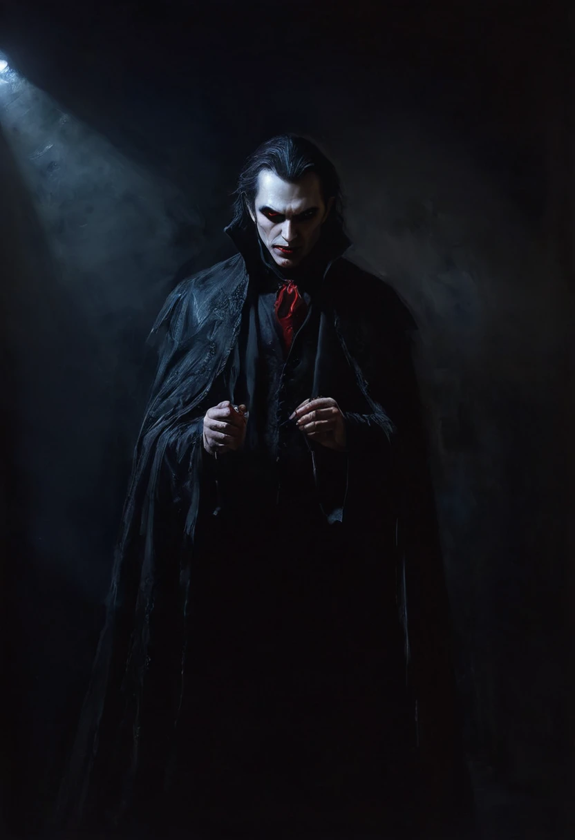 painting of a vampire, dark atmosphere, cinematic scene, volumetric lights, ultra realistic, in the style of nicola samori