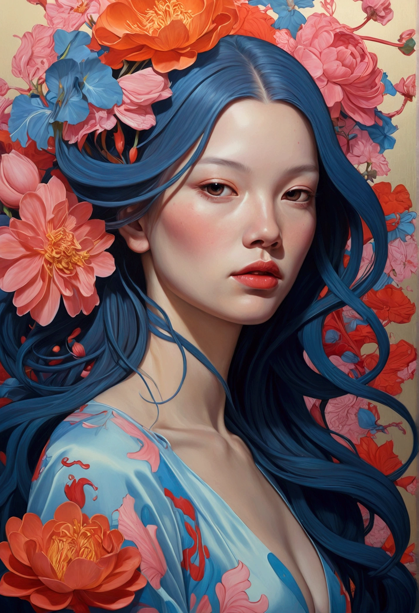 Painting of a woman with long hair and flowers, Ultra-fine detailed paintings inspired by James Jean, Reddit, neo-fauvism, James Jean and Petra Cortright, James Jean Mark, JamesJean」, James Jean Andrey Ryabovitchev, Kilian Eng: Vivid Colors, James Jean Soft Light 4K, Kilian Eng: Vivid Colors